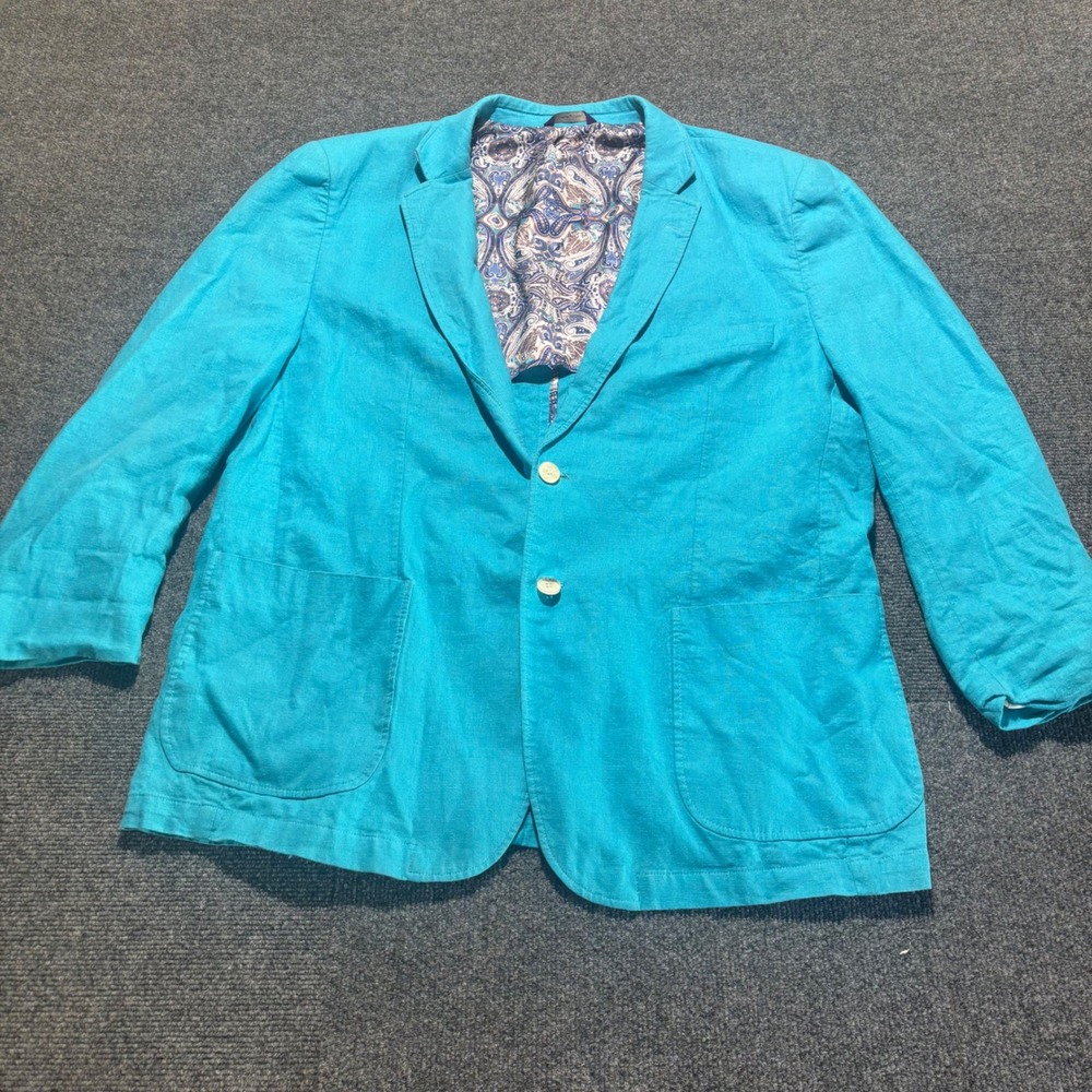 Alan Flusser Mens XL Turquoise Blue Linen Blend Paisley Lined Sport Coat Blazer